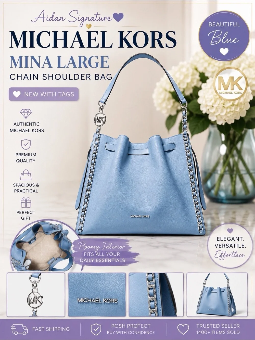 Michael Kors Mina Large Chain Shoulder Bag Blue Silver Pebbled Shoulder Purse